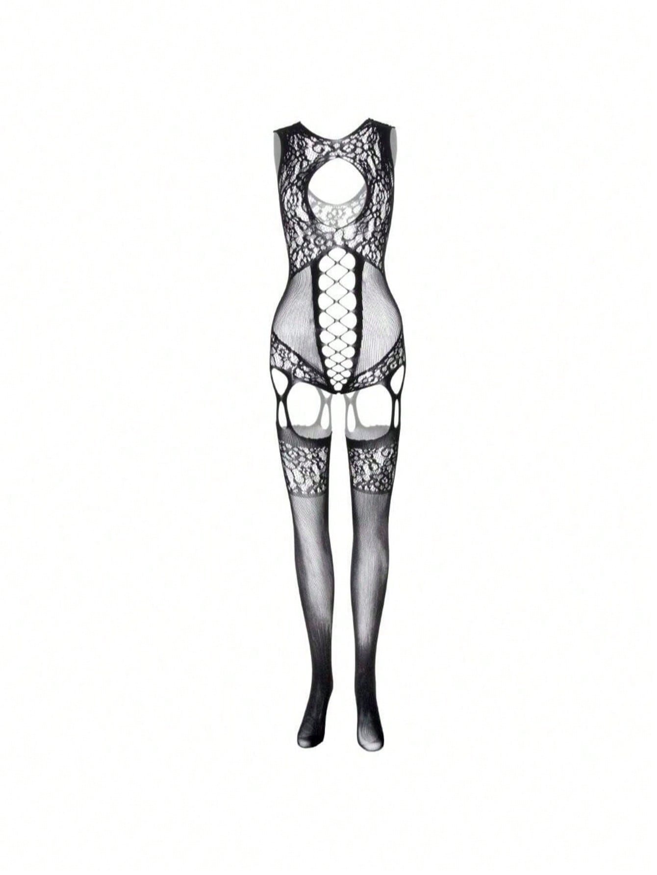 Men's black fishnet bodystocking lingerie in sheer knitted fabric with hollow out detail, V-neck design, low rise fit, and high stretch polyamide construction.