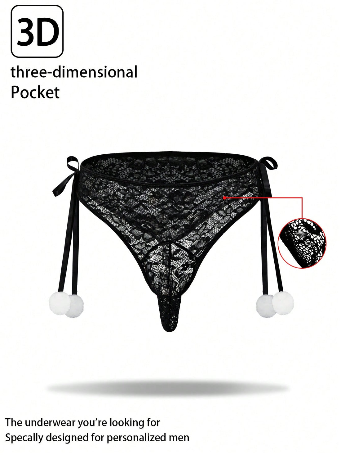 Men's black lace jockstrap thong underwear with hollow out detail, low rise waist, semi-sheer fabric, and medium stretch polyamide elastane blend.