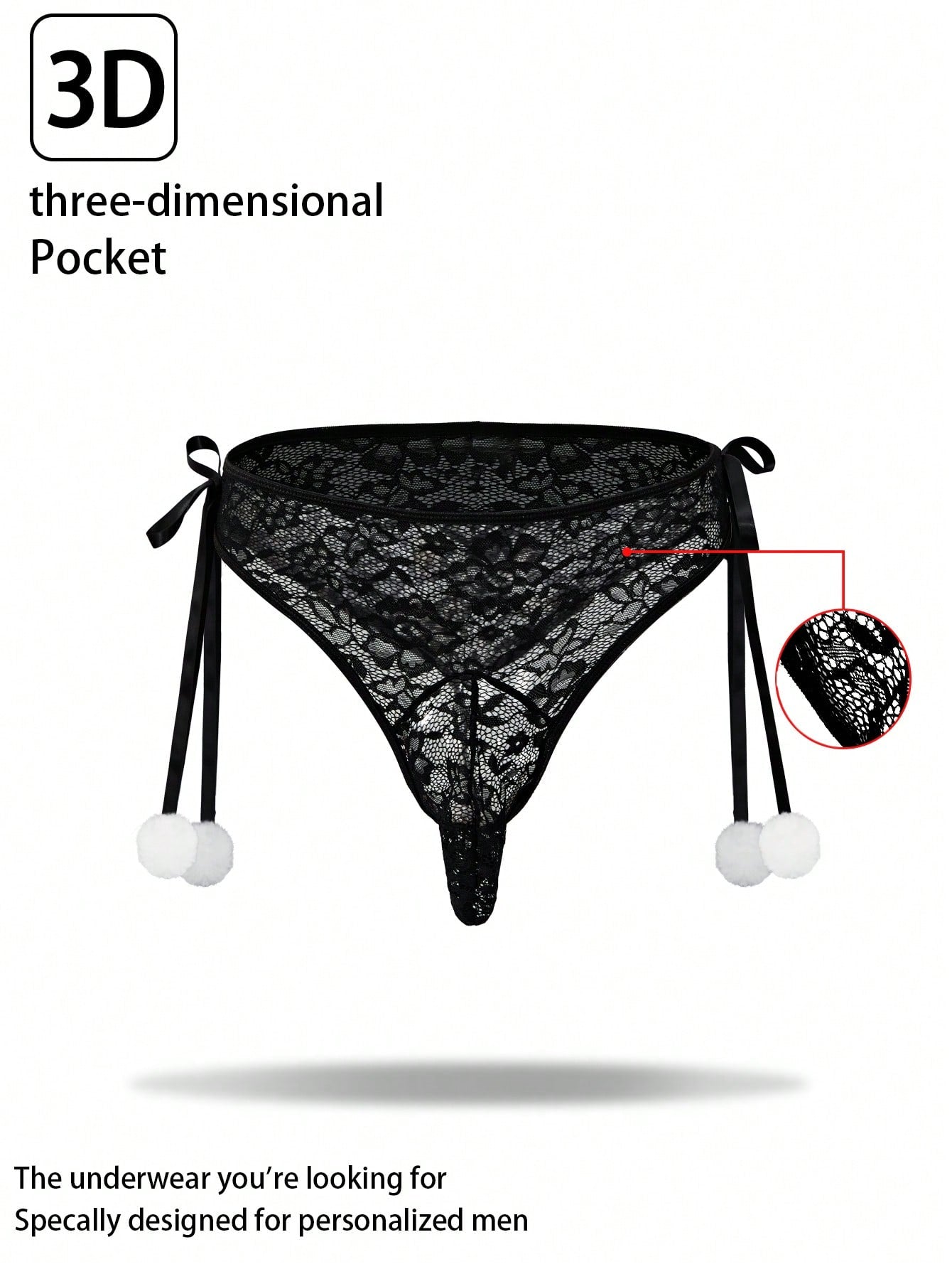 Men's black lace jockstrap thong underwear with hollow out detail, low rise waist, semi-sheer fabric, and medium stretch polyamide elastane blend.