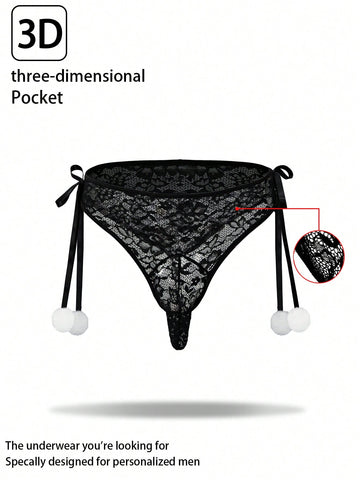 Men's black lace jockstrap thong underwear with hollow out detail, low rise waist, semi-sheer fabric, and medium stretch polyamide elastane blend.