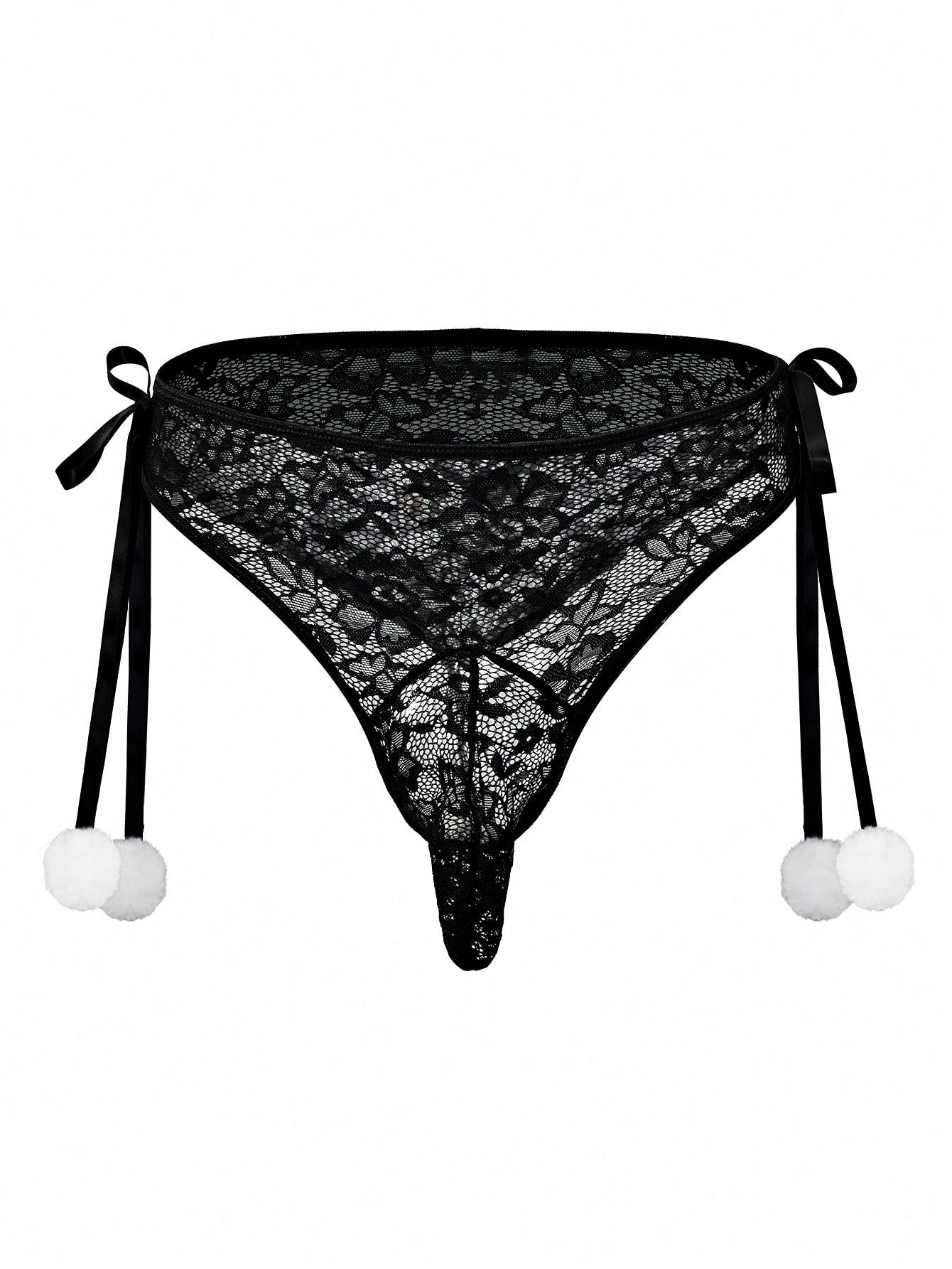 Men's black lace jockstrap thong underwear with hollow out detail, low rise waist, semi-sheer fabric, and medium stretch polyamide elastane blend.