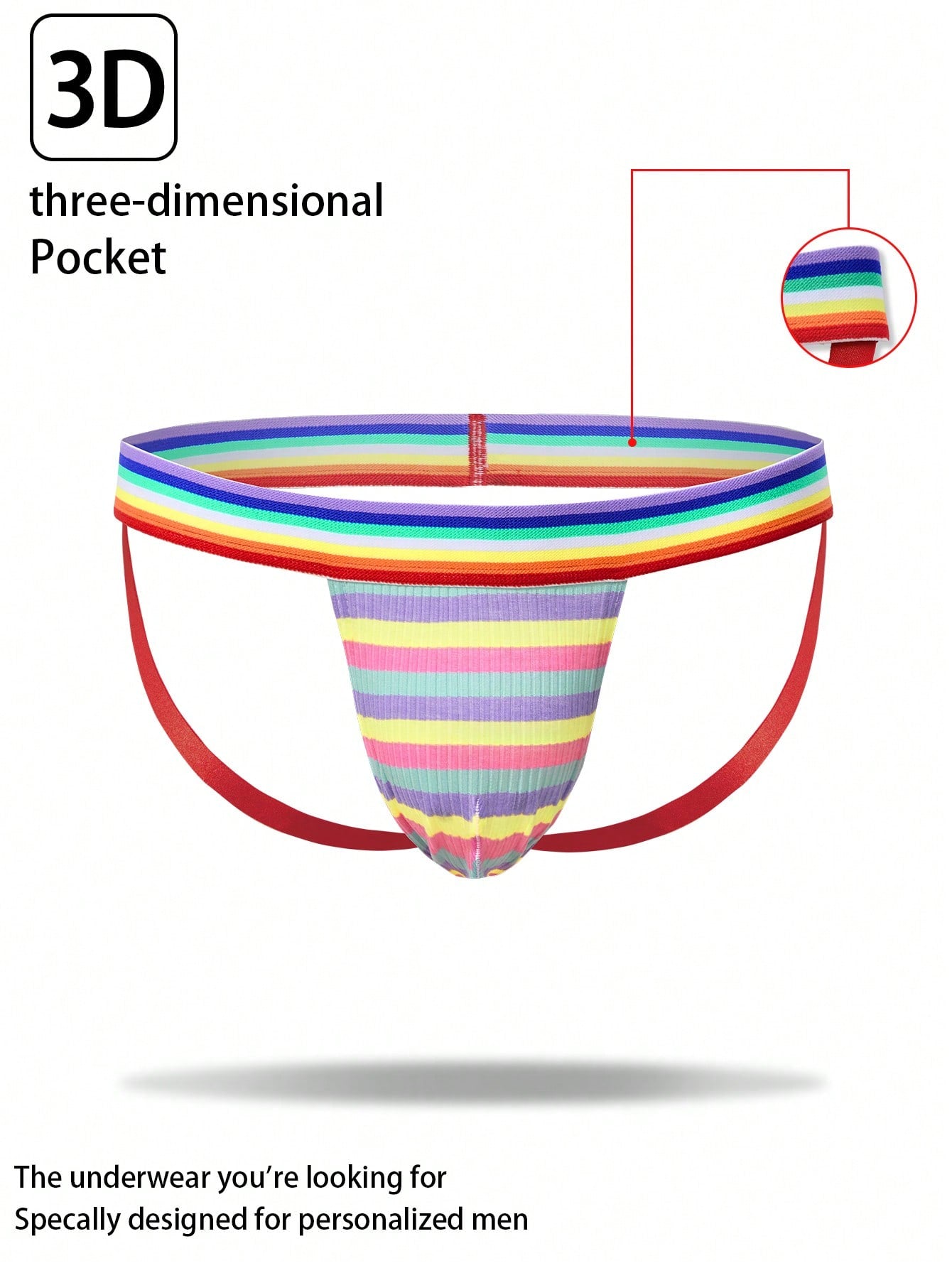 Men's striped thong underwear in multicolor with a low-rise cut and medium-stretch knitted fabric.