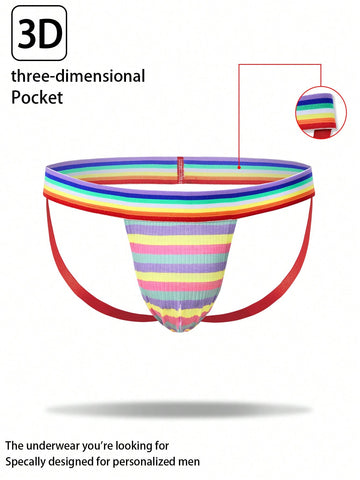 Men's striped thong underwear in multicolor with a low-rise cut and medium-stretch knitted fabric.