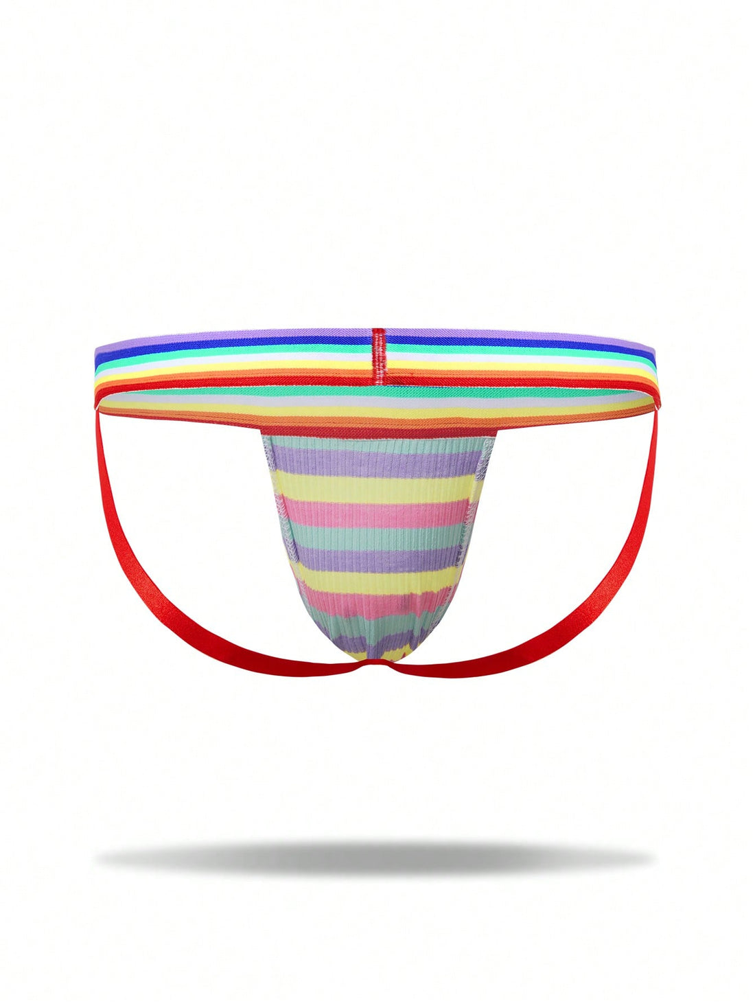 Men's striped thong underwear in multicolor with a low-rise cut and medium-stretch knitted fabric.