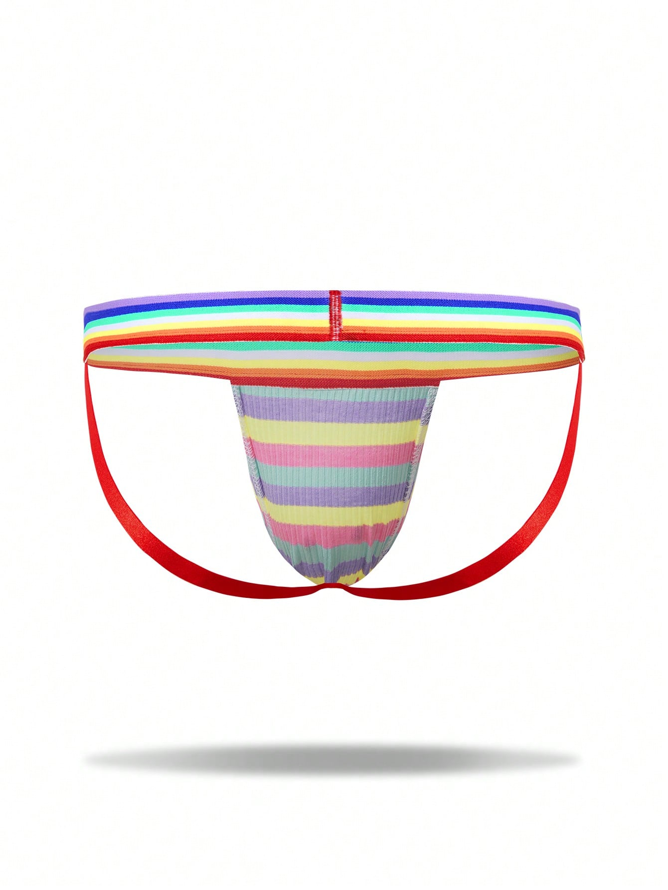 Men's striped thong underwear in multicolor with a low-rise cut and medium-stretch knitted fabric.