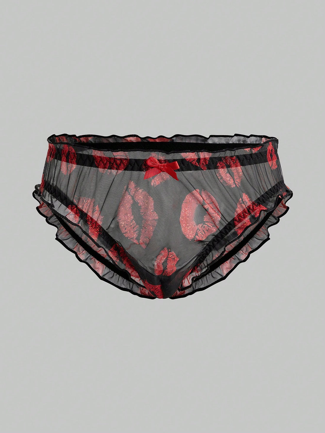 Men's low rise mesh briefs lingerie with random print design, high-stretch fabric, and unlined construction.
