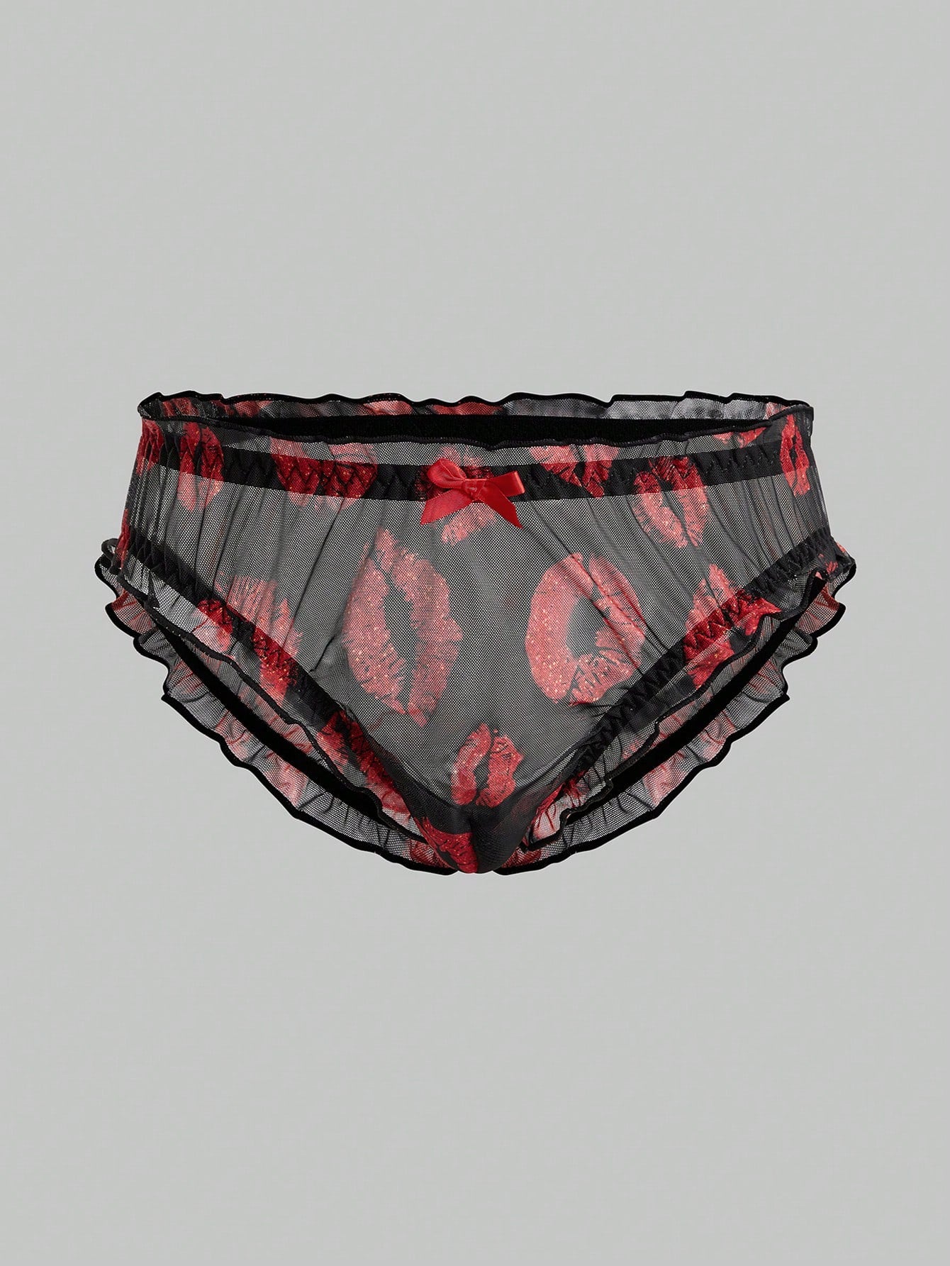Men's low rise mesh briefs lingerie with random print design, high-stretch fabric, and unlined construction.