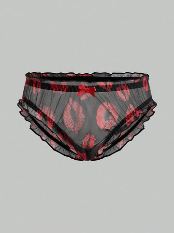 Men's low rise mesh briefs lingerie with random print design, high-stretch fabric, and unlined construction.