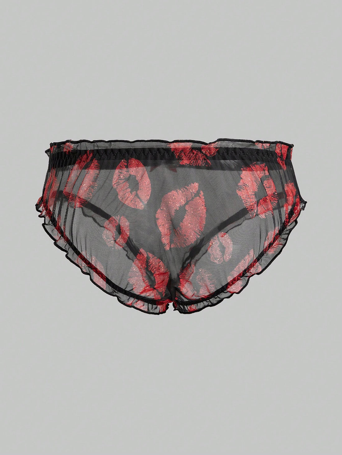 Men's low rise mesh briefs lingerie with random print design, high-stretch fabric, and unlined construction.