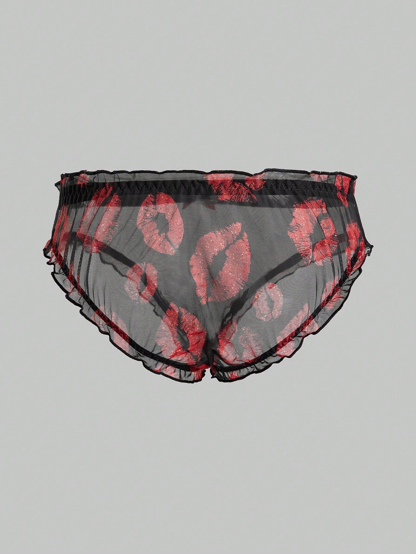 Men's low rise mesh briefs lingerie with random print design, high-stretch fabric, and unlined construction.