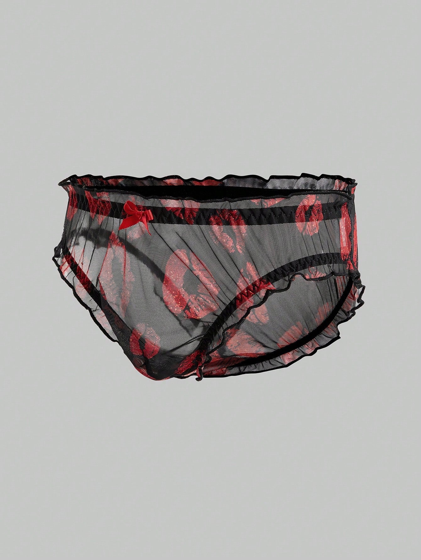 Men's low rise mesh briefs lingerie with random print design, high-stretch fabric, and unlined construction.
