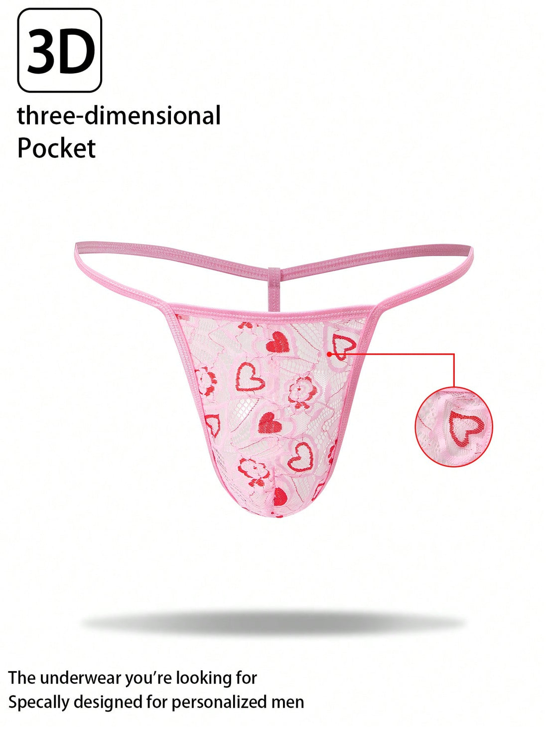 Pink men's lace thong underwear with geometric and floral-inspired print, low-rise waist, unlined design, and medium-stretch fabric.