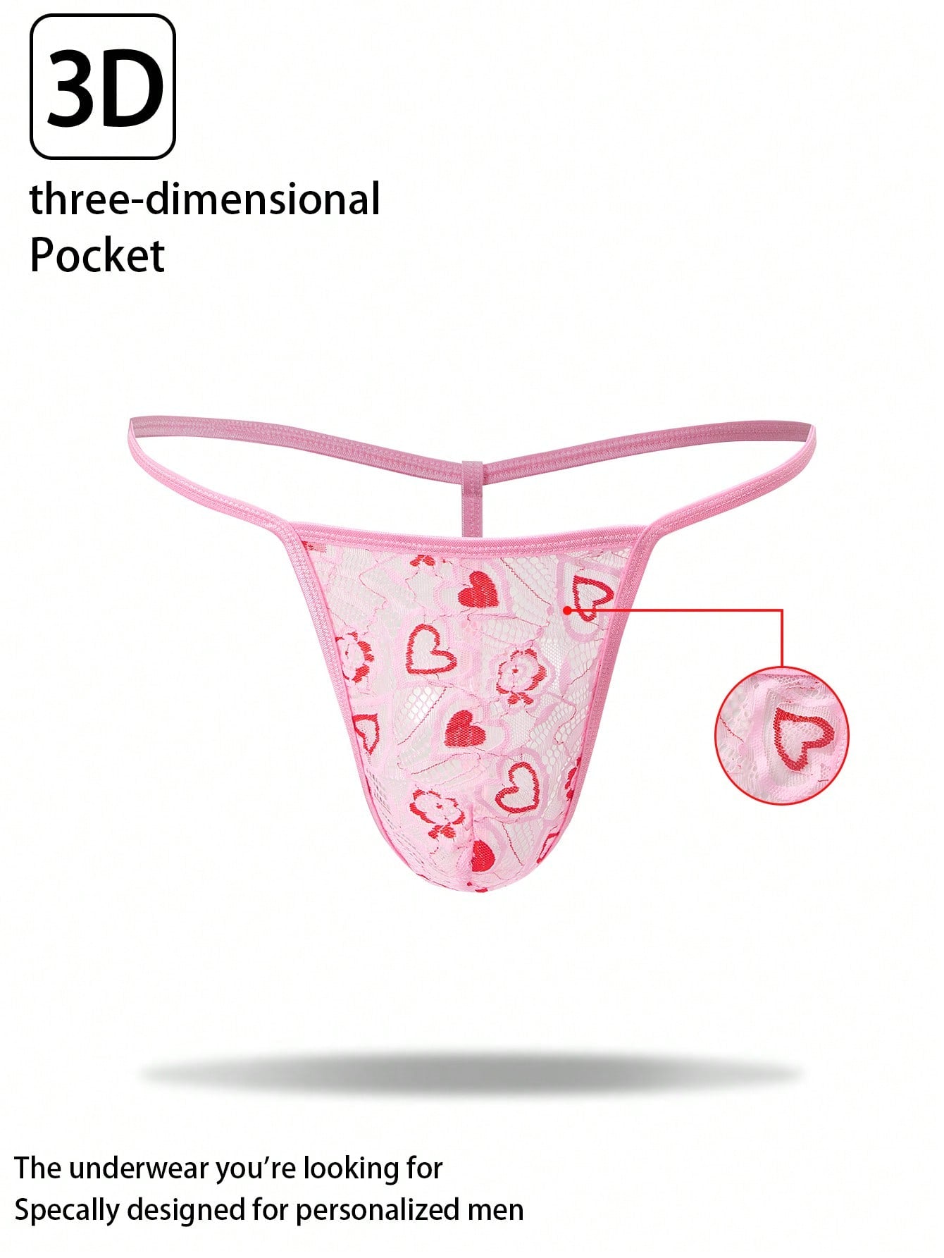 Pink men's lace thong underwear with geometric and floral-inspired print, low-rise waist, unlined design, and medium-stretch fabric.