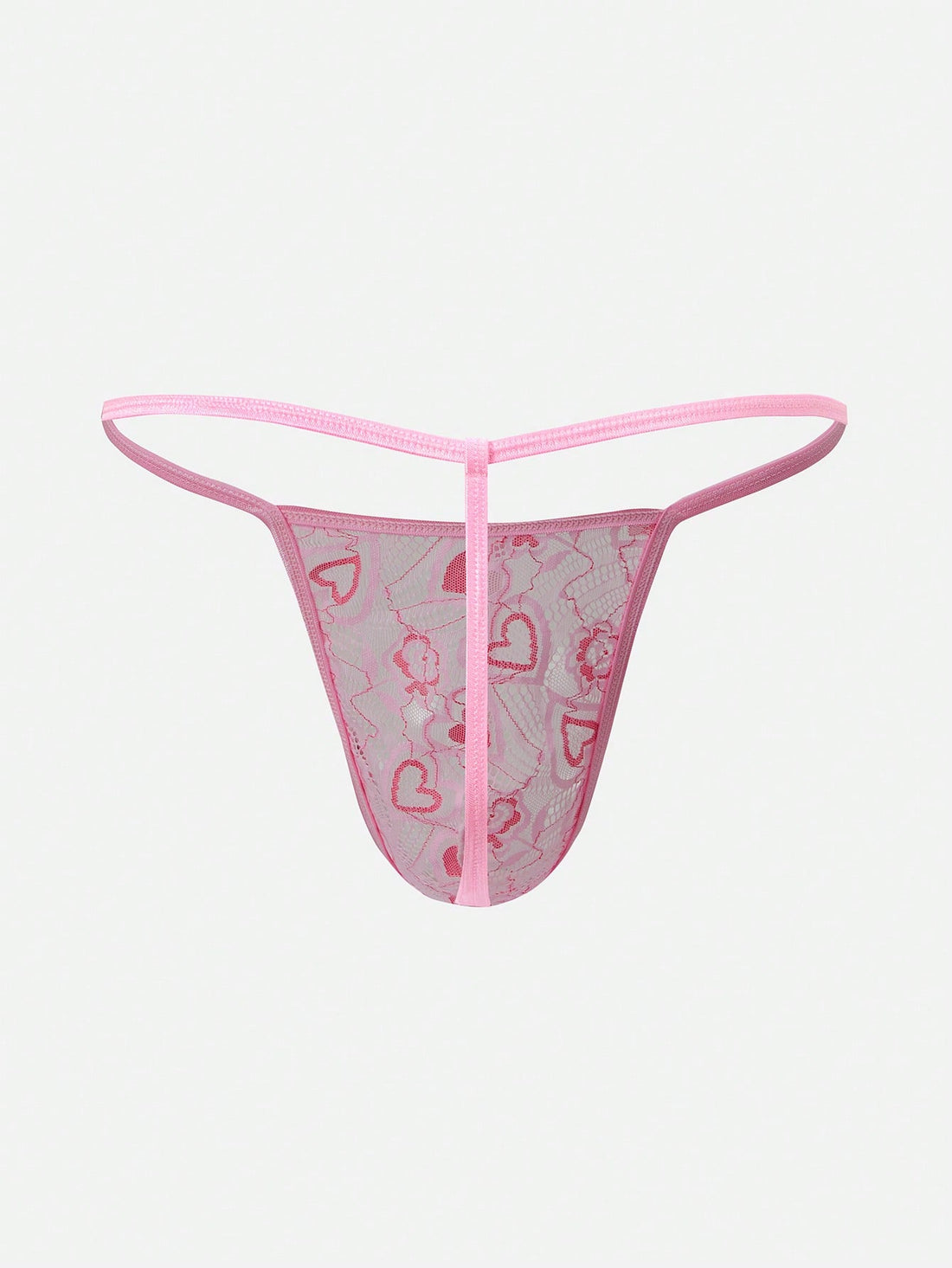 Pink men's lace thong underwear with geometric and floral-inspired print, low-rise waist, unlined design, and medium-stretch fabric.
