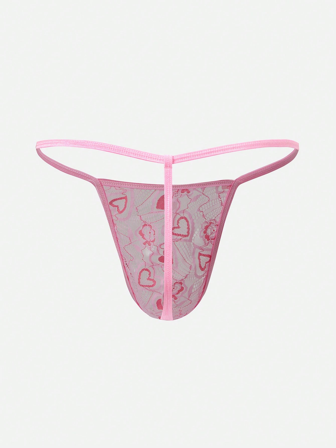 Pink men's lace thong underwear with geometric and floral-inspired print, low-rise waist, unlined design, and medium-stretch fabric.