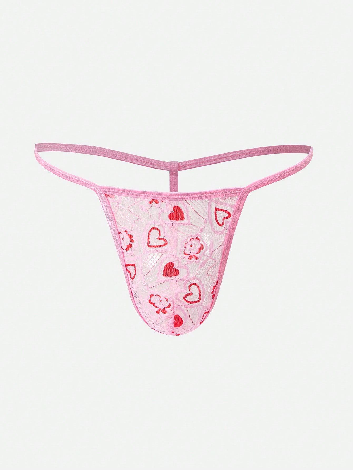 Pink men's lace thong underwear with geometric and floral-inspired print, low-rise waist, unlined design, and medium-stretch fabric.