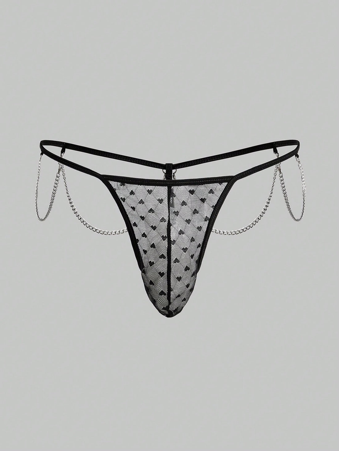 Men's black sheer mesh thong underwear with geometric pattern, low rise fit, hollow out detail, and ring accent.