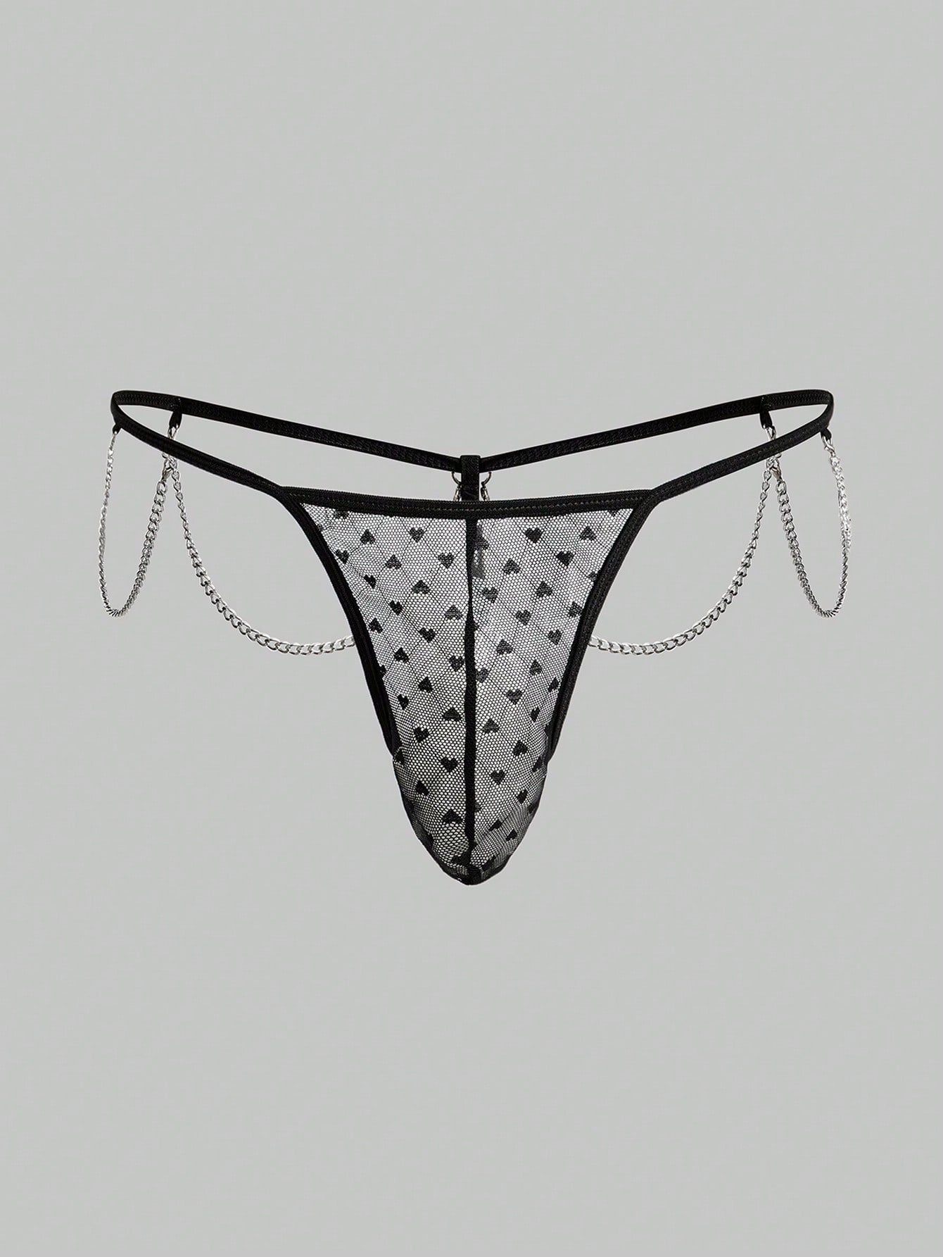 Men's black sheer mesh thong underwear with geometric pattern, low rise fit, hollow out detail, and ring accent.