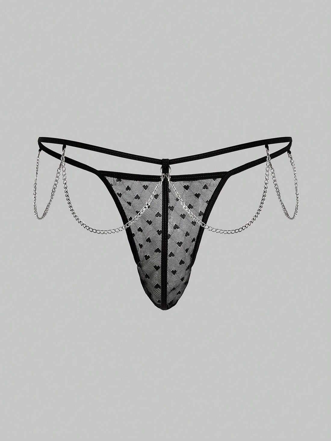 Men's black sheer mesh thong underwear with geometric pattern, low rise fit, hollow out detail, and ring accent.