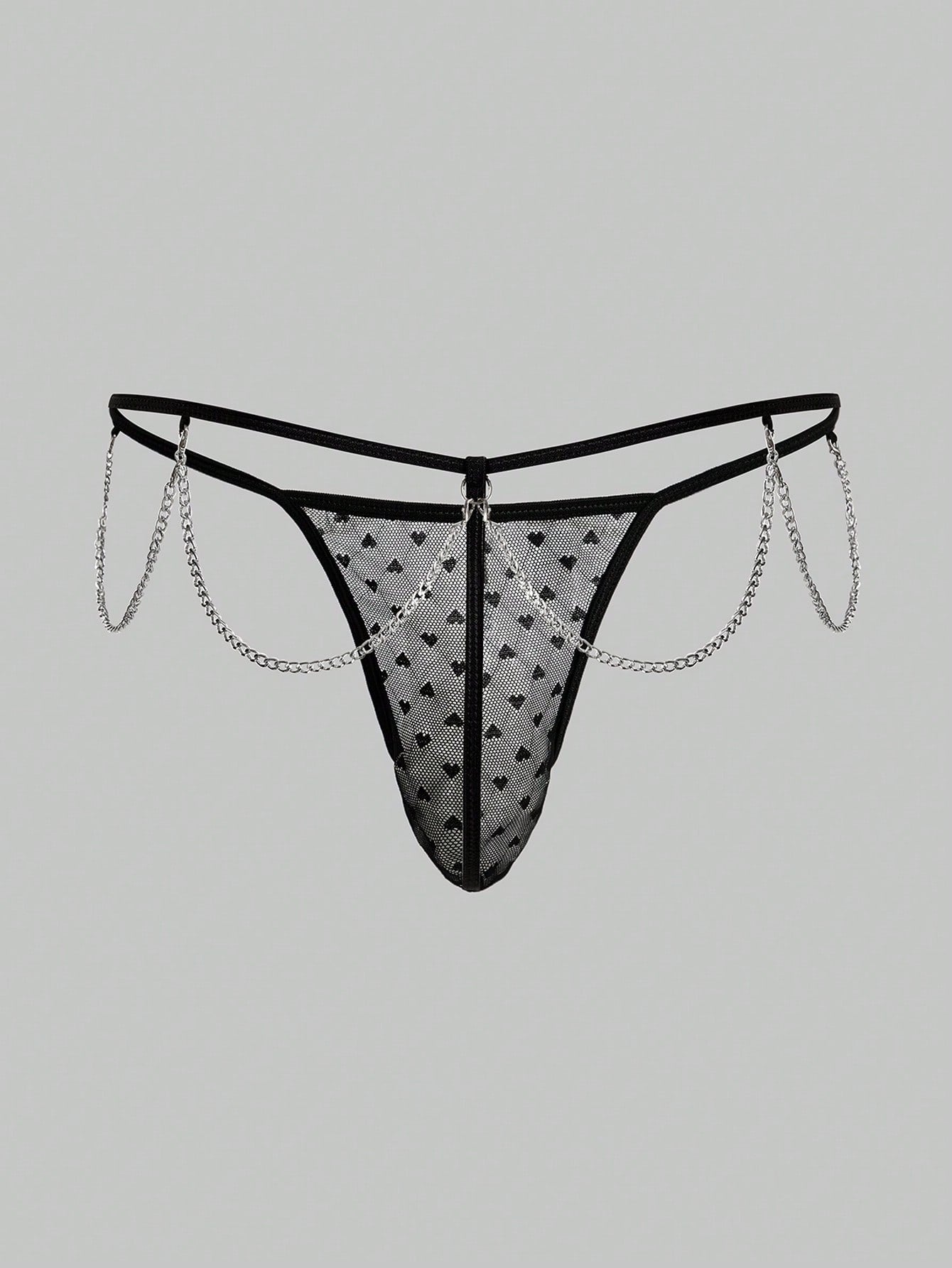 Men's black sheer mesh thong underwear with geometric pattern, low rise fit, hollow out detail, and ring accent.