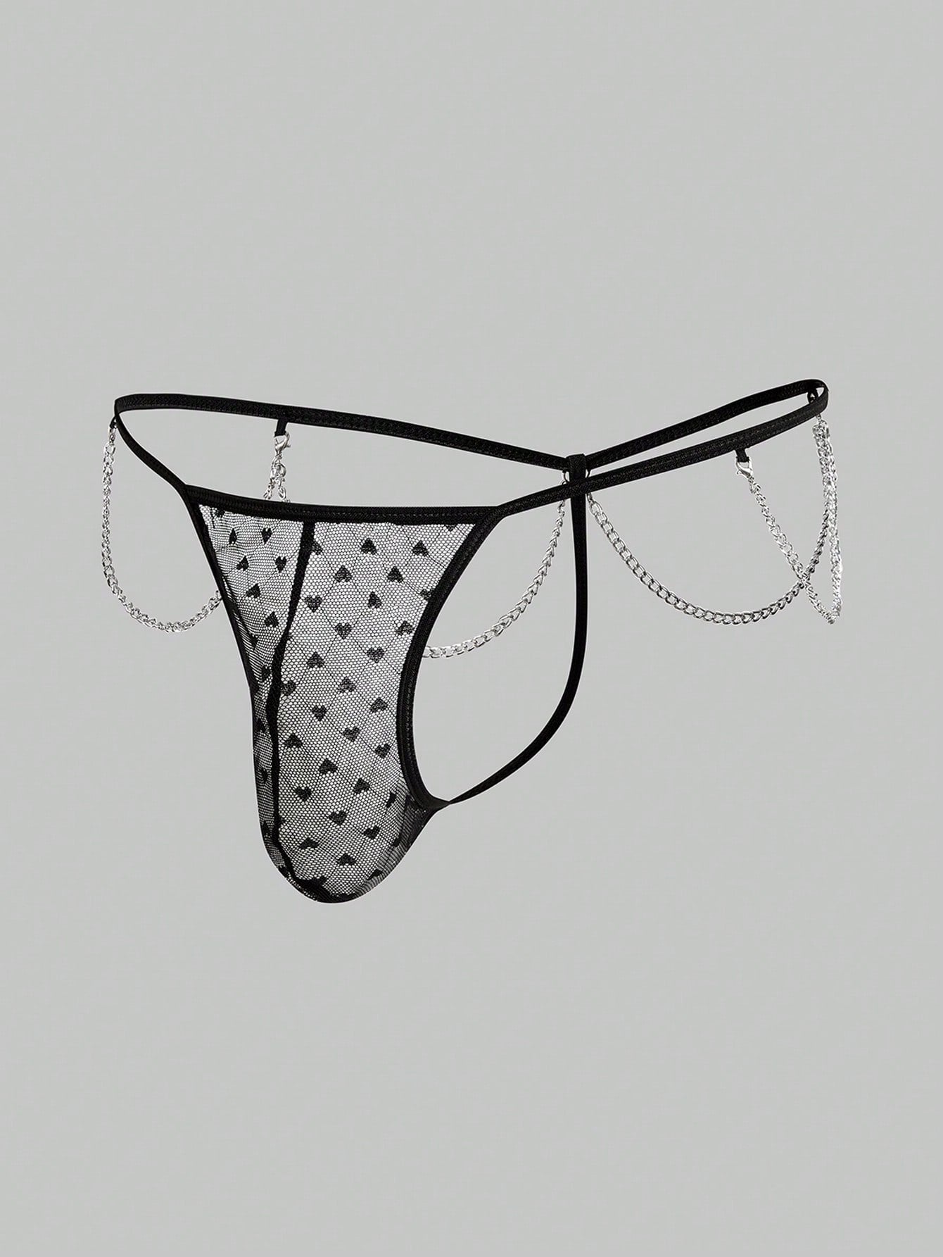 Men's black sheer mesh thong underwear with geometric pattern, low rise fit, hollow out detail, and ring accent.