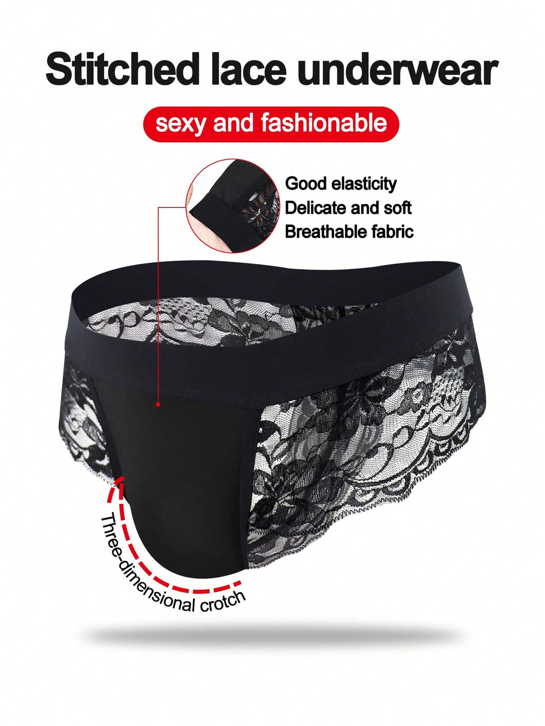 Men's black mid-rise thong briefs in knitted polyamide elastane fabric with medium stretch and plant pattern.