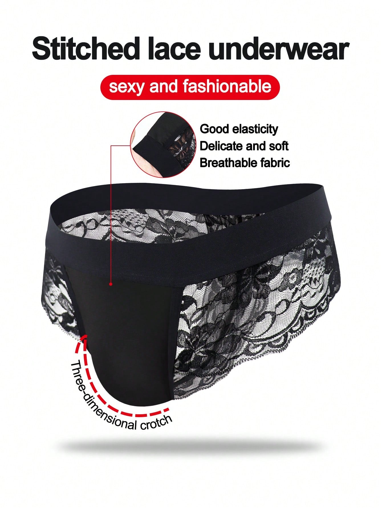 Men's black mid-rise thong briefs in knitted polyamide elastane fabric with medium stretch and plant pattern.