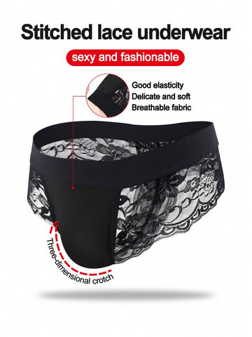 Men's black mid-rise thong briefs in knitted polyamide elastane fabric with medium stretch and plant pattern.