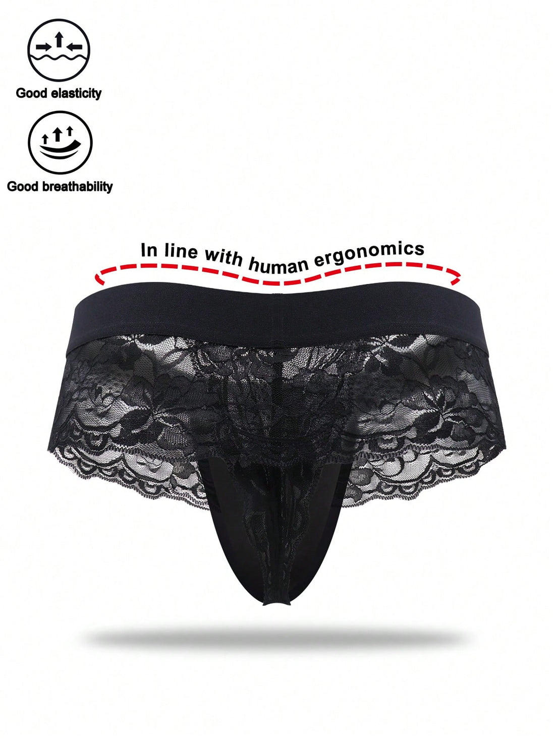Men's black mid-rise thong briefs in knitted polyamide elastane fabric with medium stretch and plant pattern.