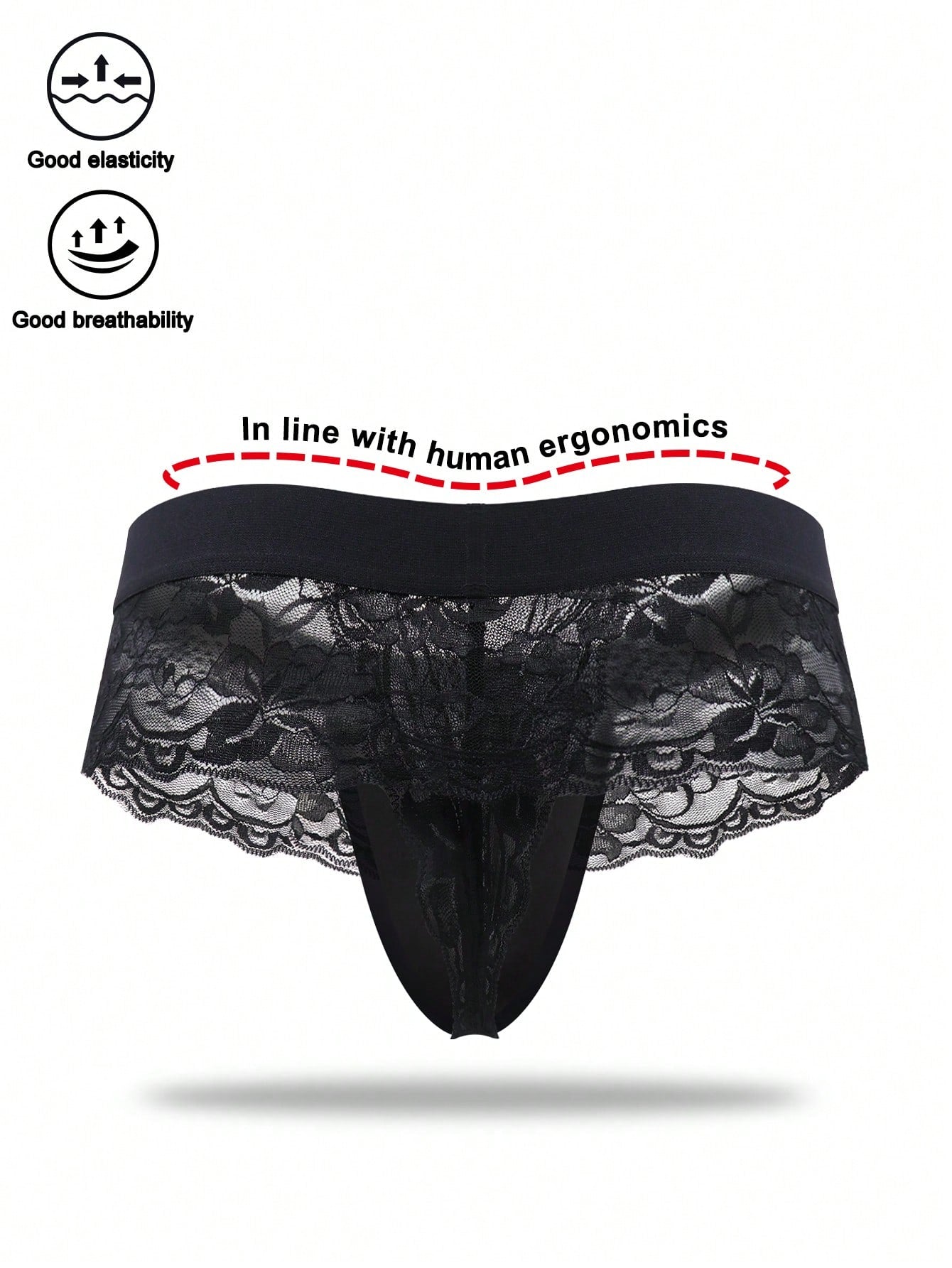 Men's black mid-rise thong briefs in knitted polyamide elastane fabric with medium stretch and plant pattern.