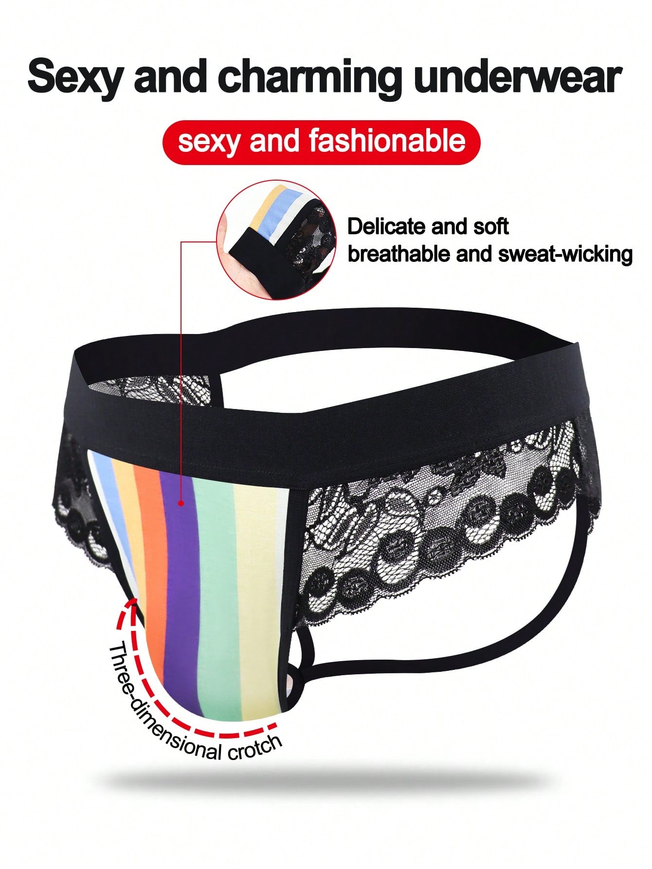 Men's rainbow print jockstrap underwear with graphic letter pattern, low-rise fit, backless design, and knitted polyamide elastane fabric.