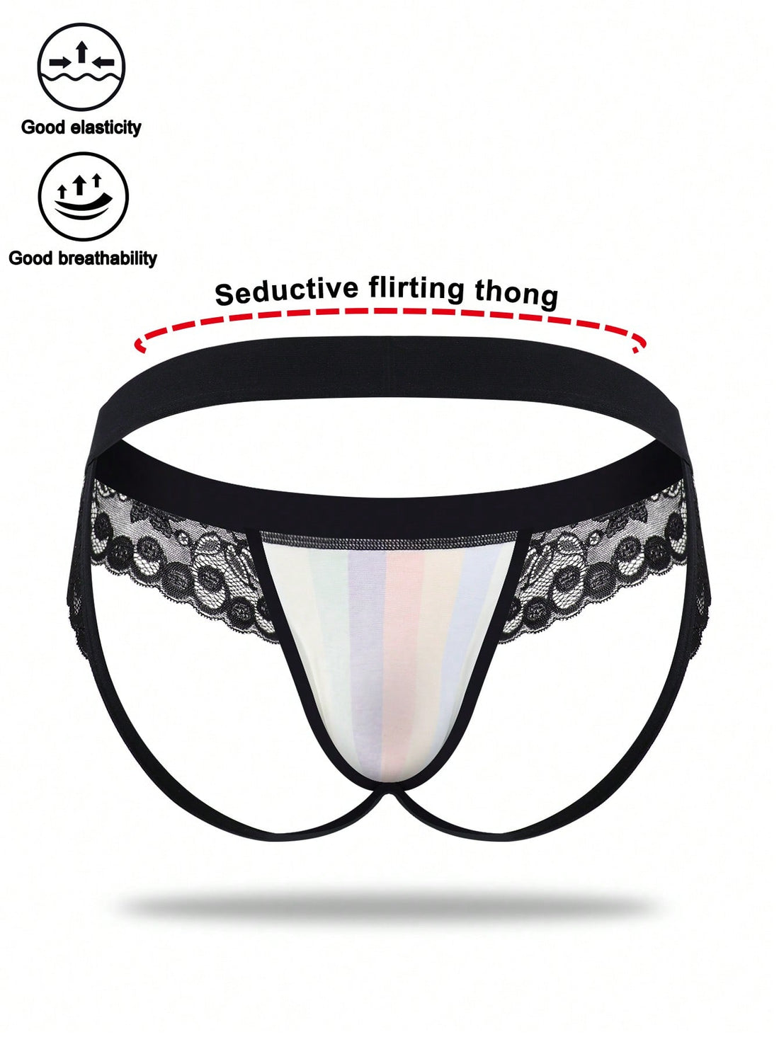 Men's rainbow print jockstrap underwear with graphic letter pattern, low-rise fit, backless design, and knitted polyamide elastane fabric.