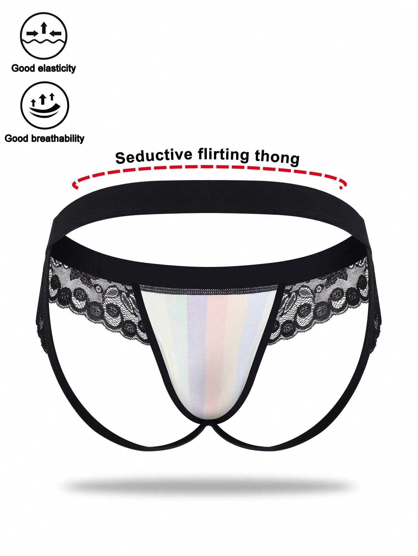 Men's rainbow print jockstrap underwear with graphic letter pattern, low-rise fit, backless design, and knitted polyamide elastane fabric.