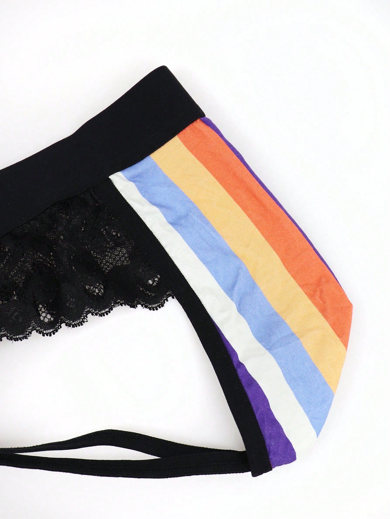 Men's rainbow print jockstrap underwear with graphic letter pattern, low-rise fit, backless design, and knitted polyamide elastane fabric.