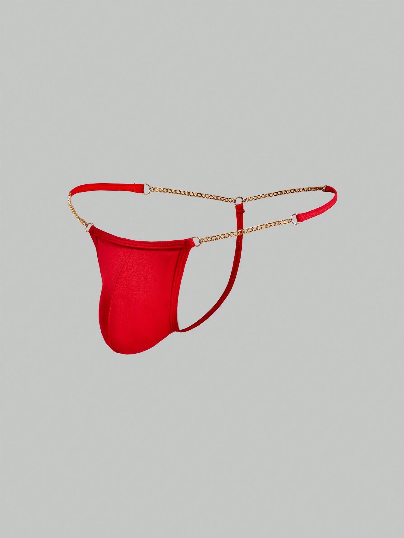 Men's low-rise thong underwear with metal chain detail, colorblock design, and high-stretch knitted fabric in a V-string style.