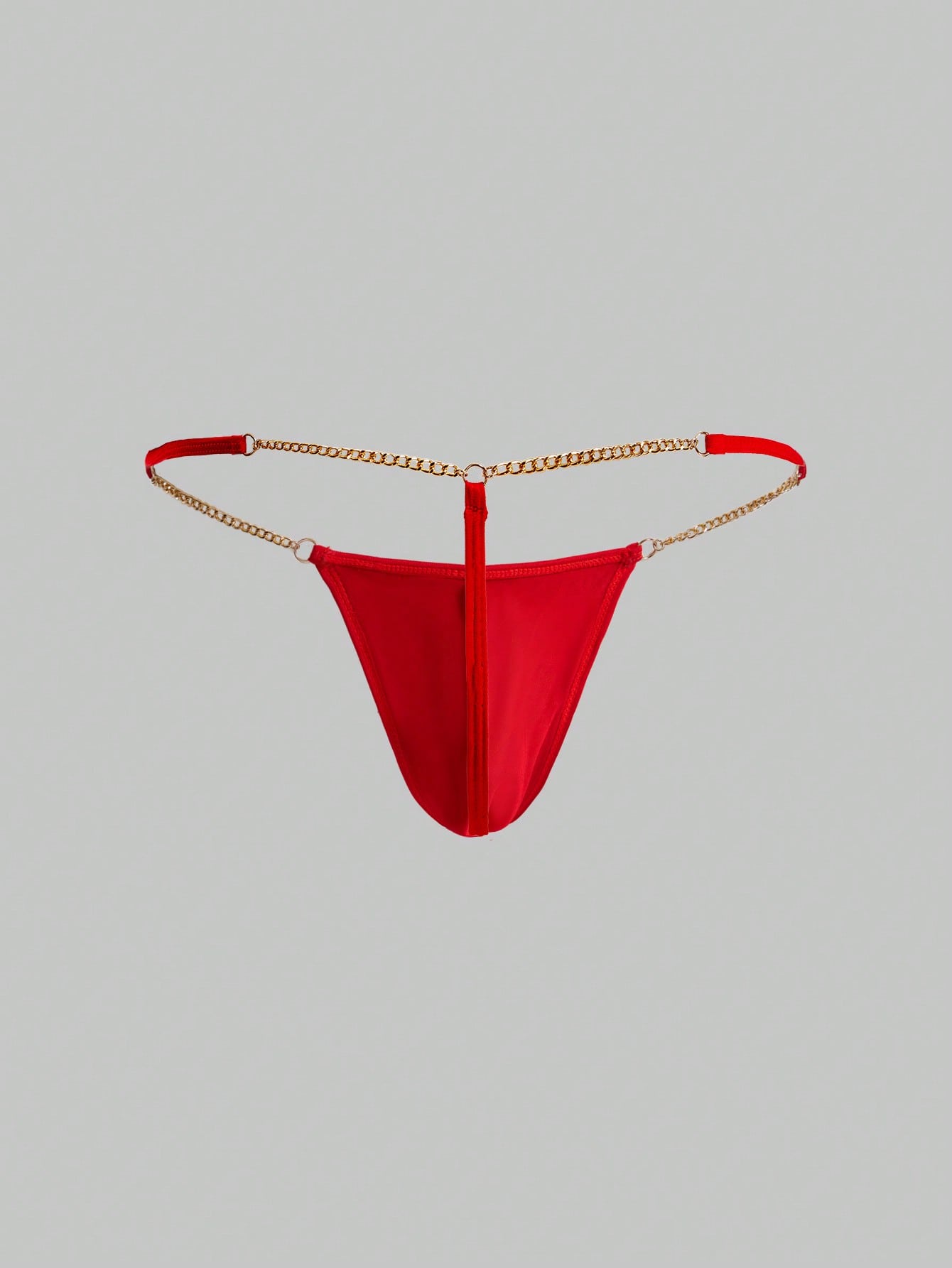 Men's low-rise thong underwear with metal chain detail, colorblock design, and high-stretch knitted fabric in a V-string style.