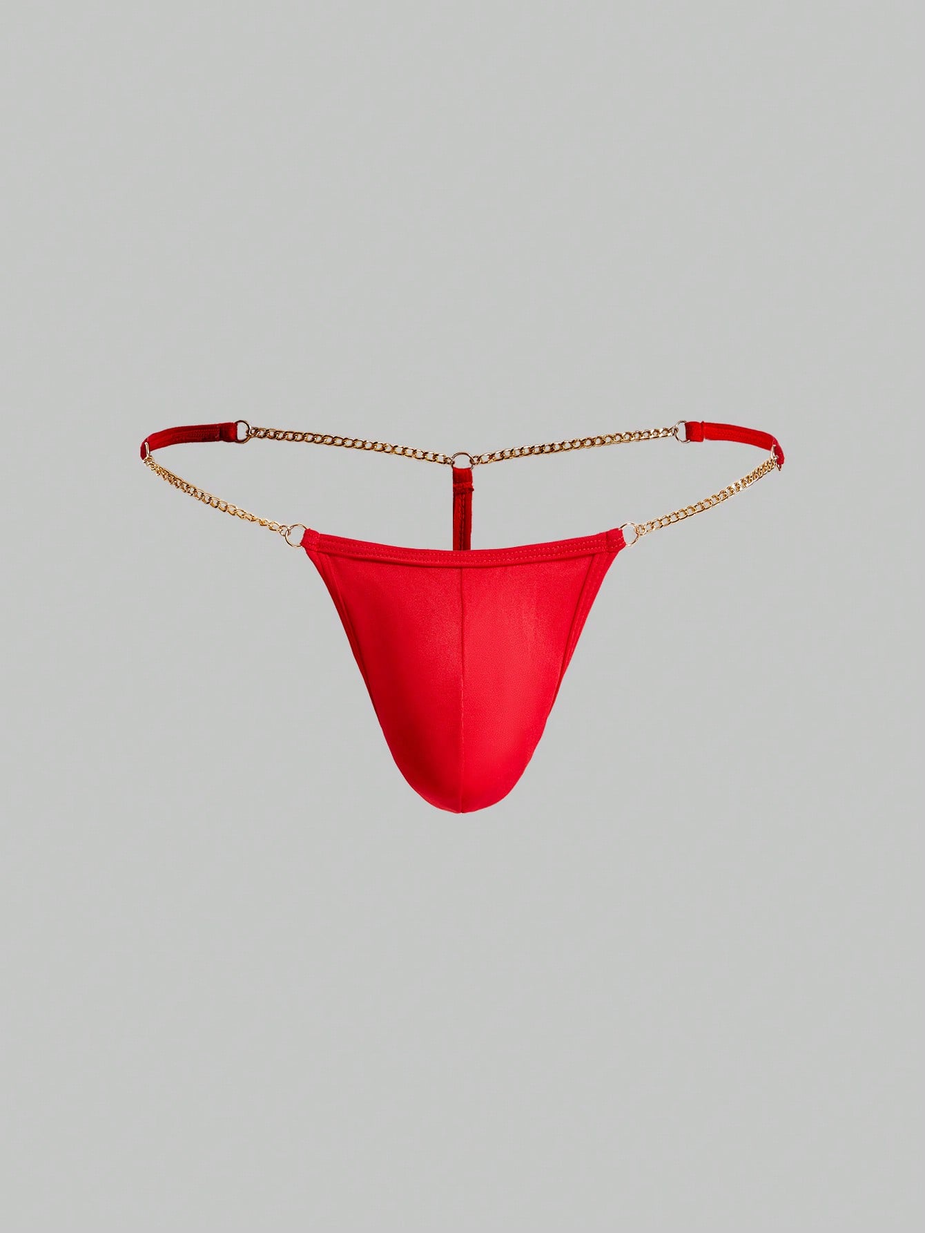 Men's low-rise thong underwear with metal chain detail, colorblock design, and high-stretch knitted fabric in a V-string style.