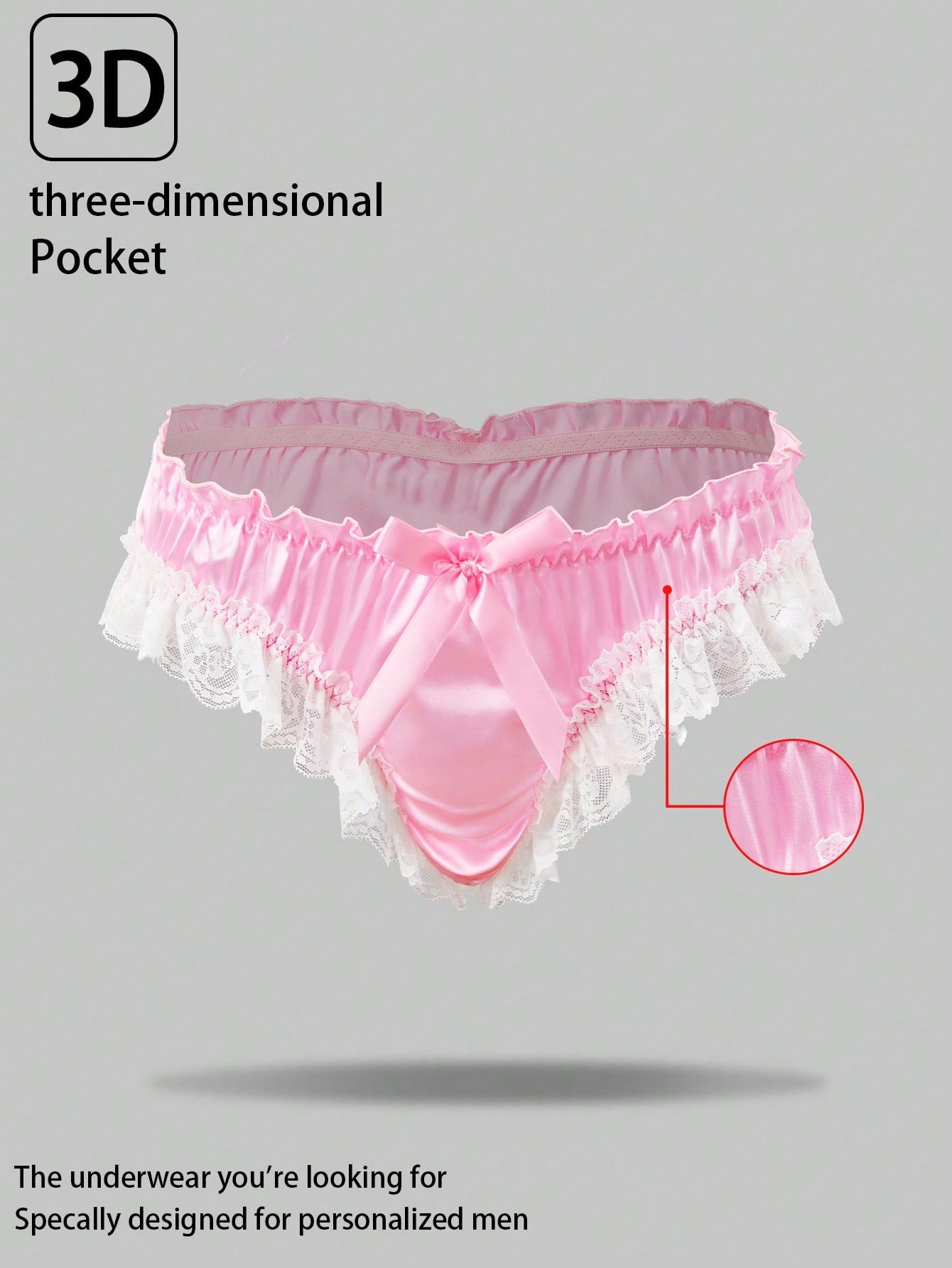 Men's black satin jockstrap briefs with lace trim, bow detail, ruffle accents, and mid-rise fit.