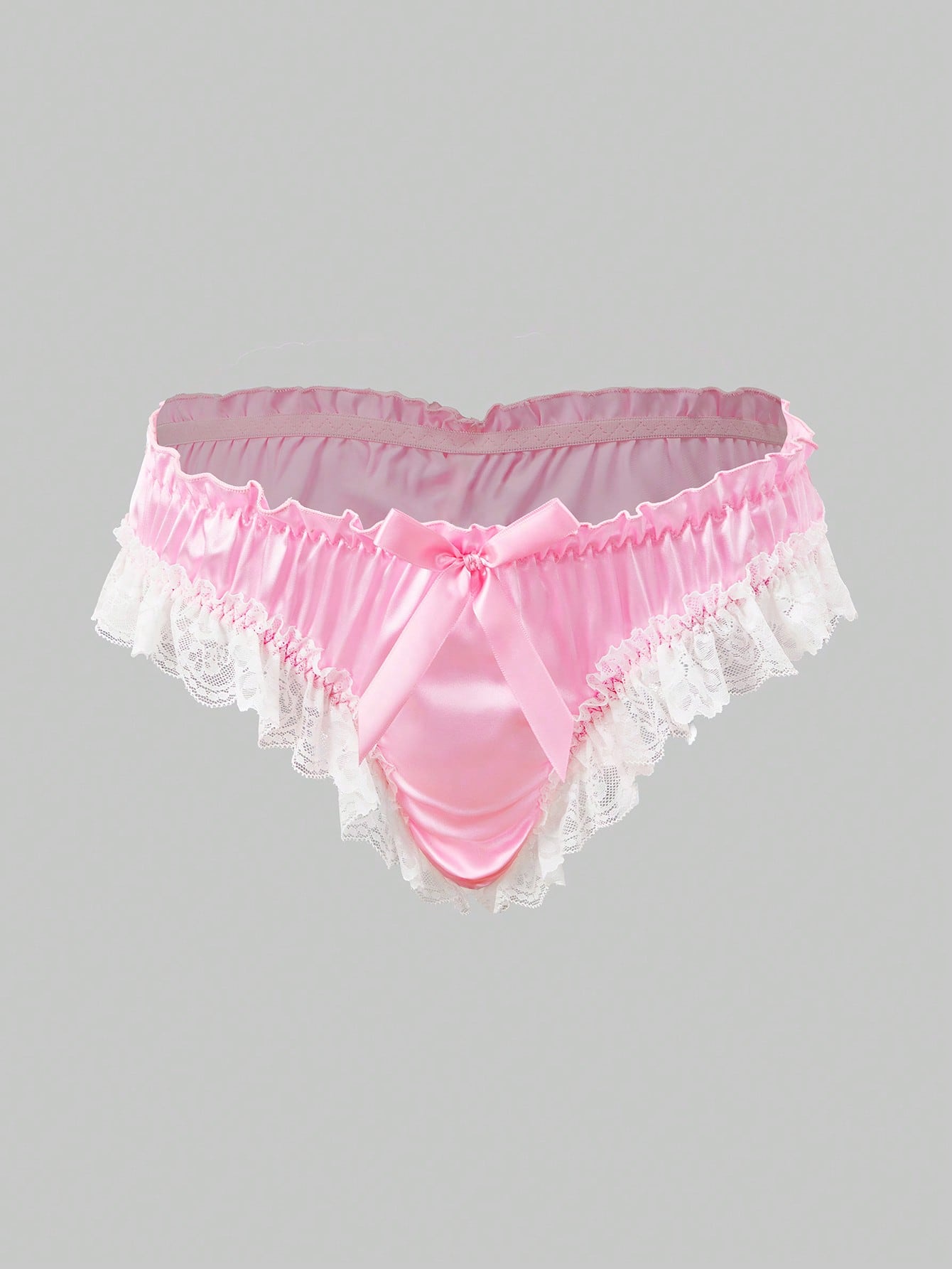 Men's black satin jockstrap briefs with lace trim, bow detail, ruffle accents, and mid-rise fit.