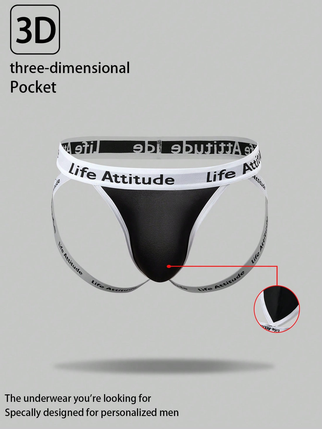 Men's black low rise thong underwear in knitted fabric with letter and striped pattern, medium stretch, made from polyamide and elastane.