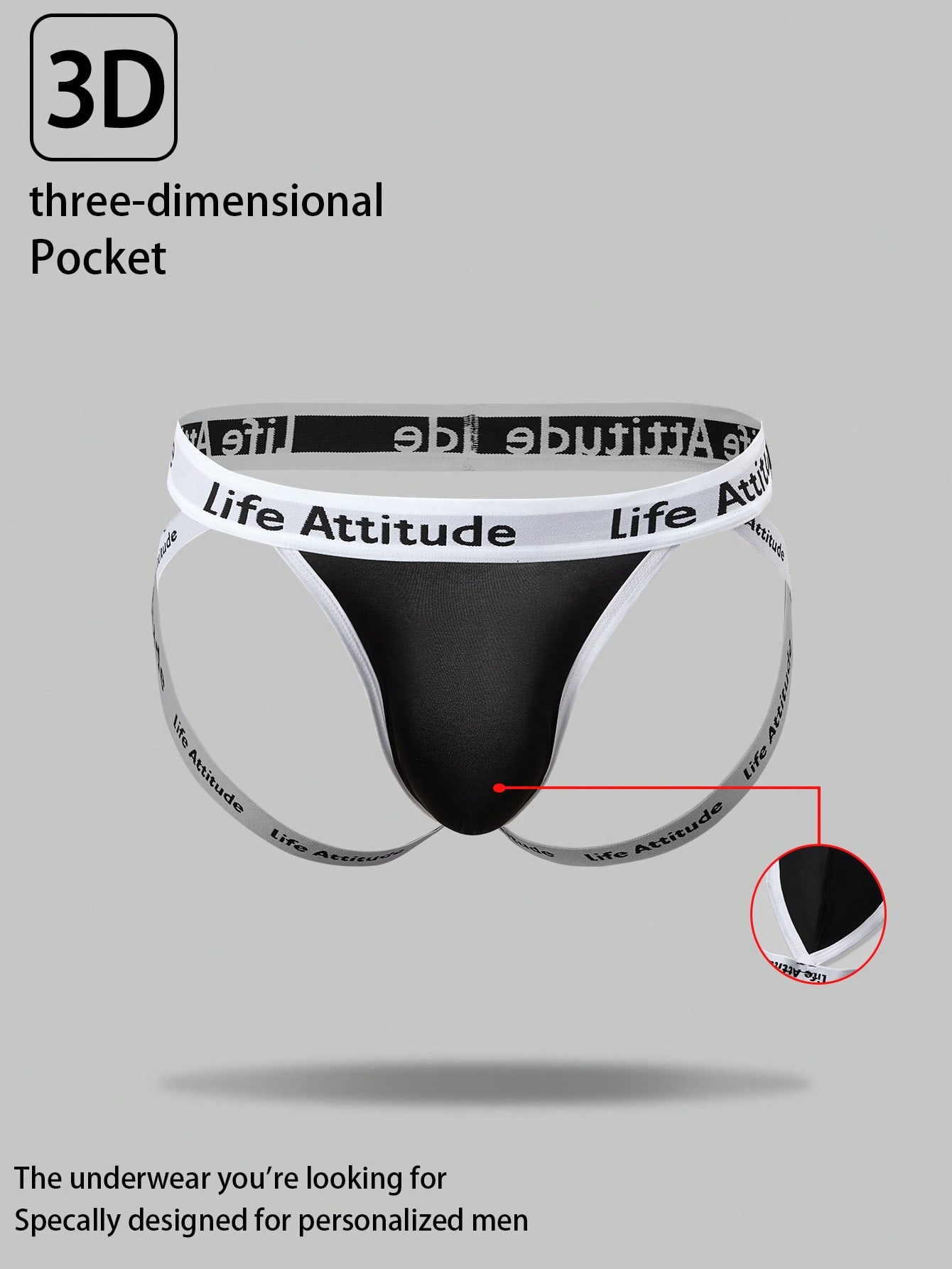 Men's black low rise thong underwear in knitted fabric with letter and striped pattern, medium stretch, made from polyamide and elastane.
