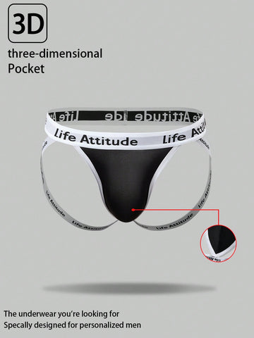 Men's black low rise thong underwear in knitted fabric with letter and striped pattern, medium stretch, made from polyamide and elastane.