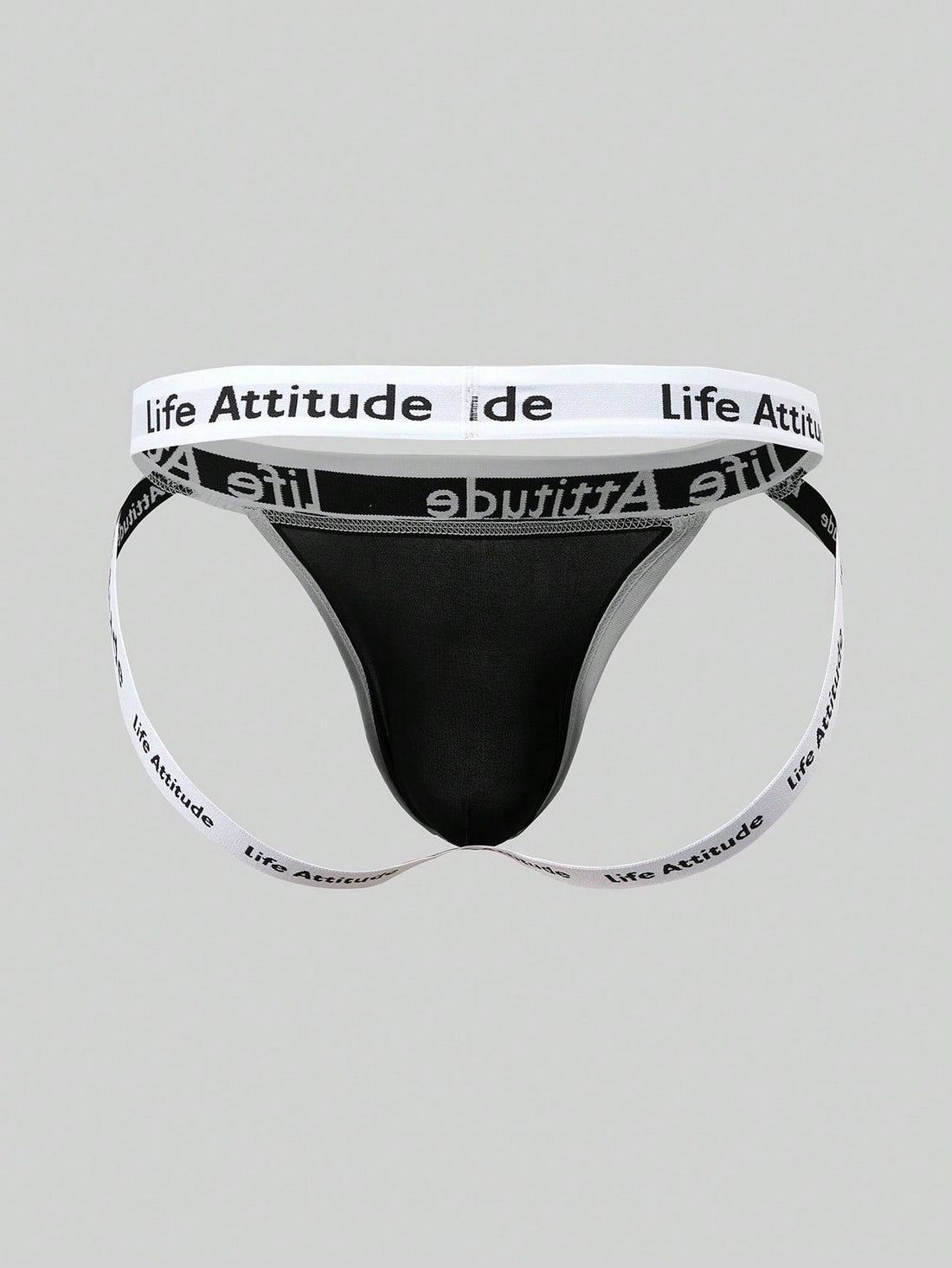 Men's black low rise thong underwear in knitted fabric with letter and striped pattern, medium stretch, made from polyamide and elastane.