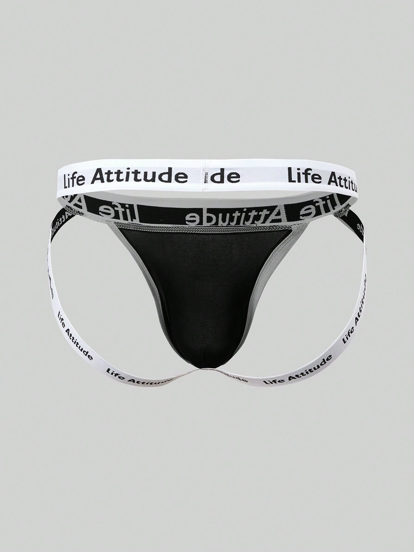 Men's black low rise thong underwear in knitted fabric with letter and striped pattern, medium stretch, made from polyamide and elastane.