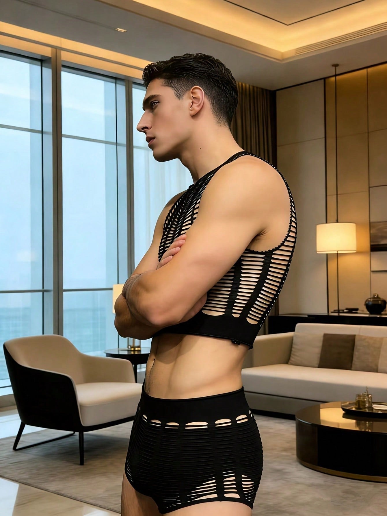 Men's black fishnet lingerie set in sheer knitted fabric with striped pattern, hollow out detail, round neck short top, and matching mid rise bottoms in a 2 piece design.