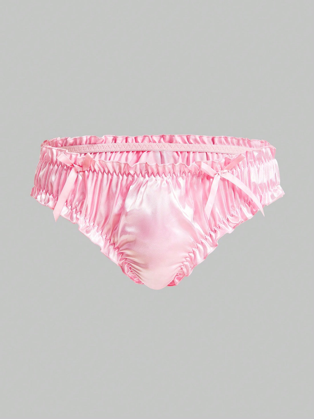 Men's red satin jockstrap briefs with bow decor, pleated design, contrast binding, and a low-rise fit.