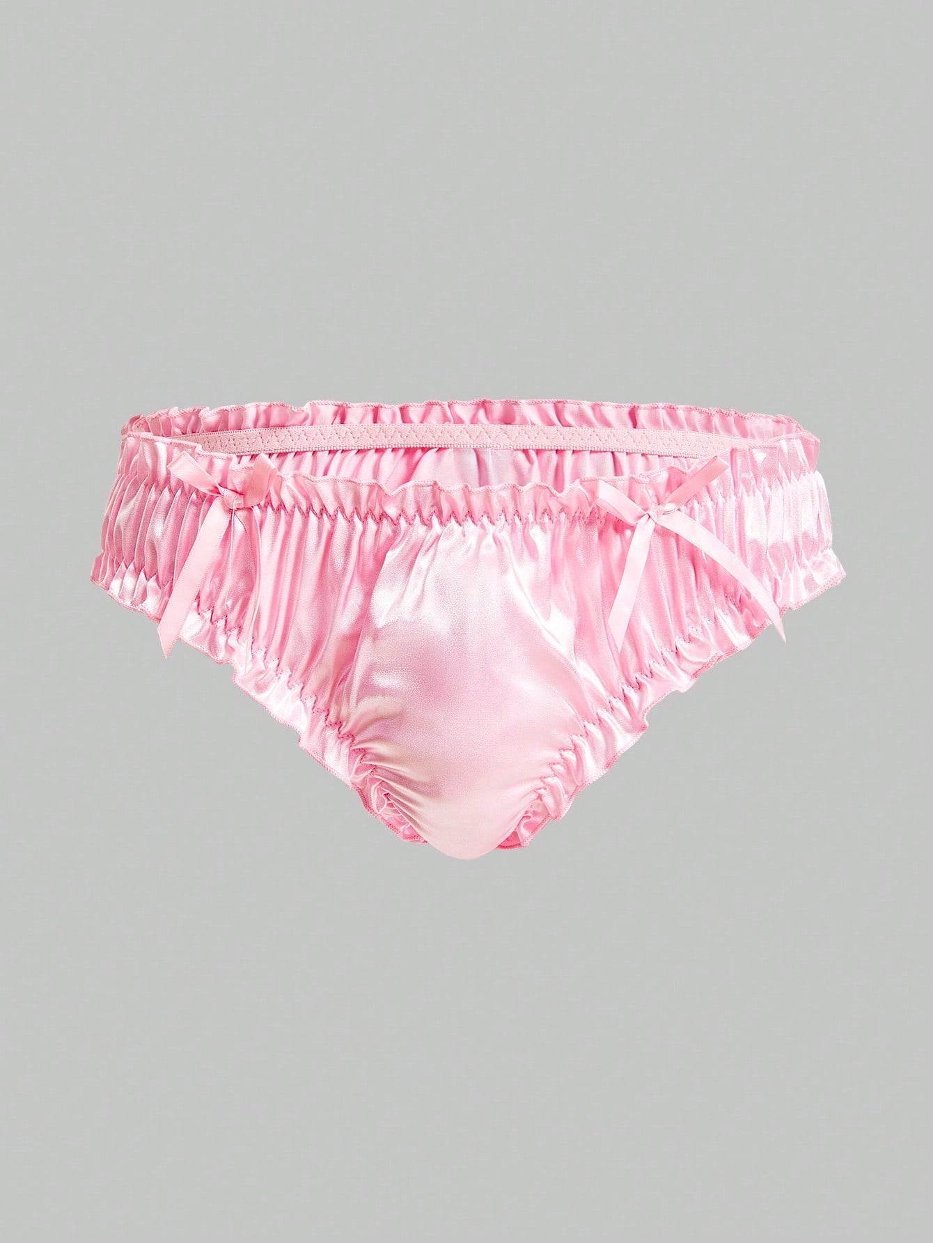 Men's red satin jockstrap briefs with bow decor, pleated design, contrast binding, and a low-rise fit.