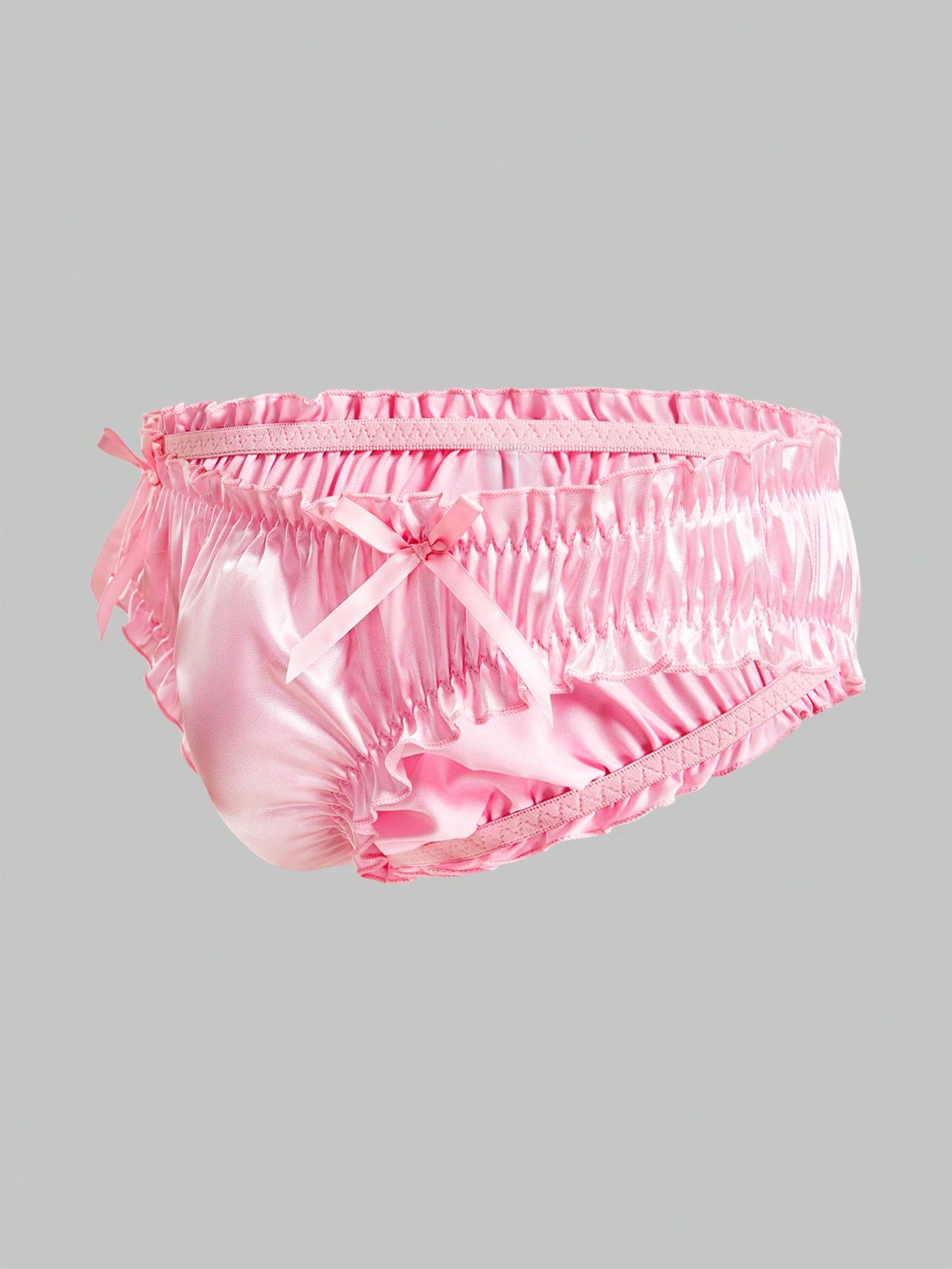 Men's red satin jockstrap briefs with bow decor, pleated design, contrast binding, and a low-rise fit.