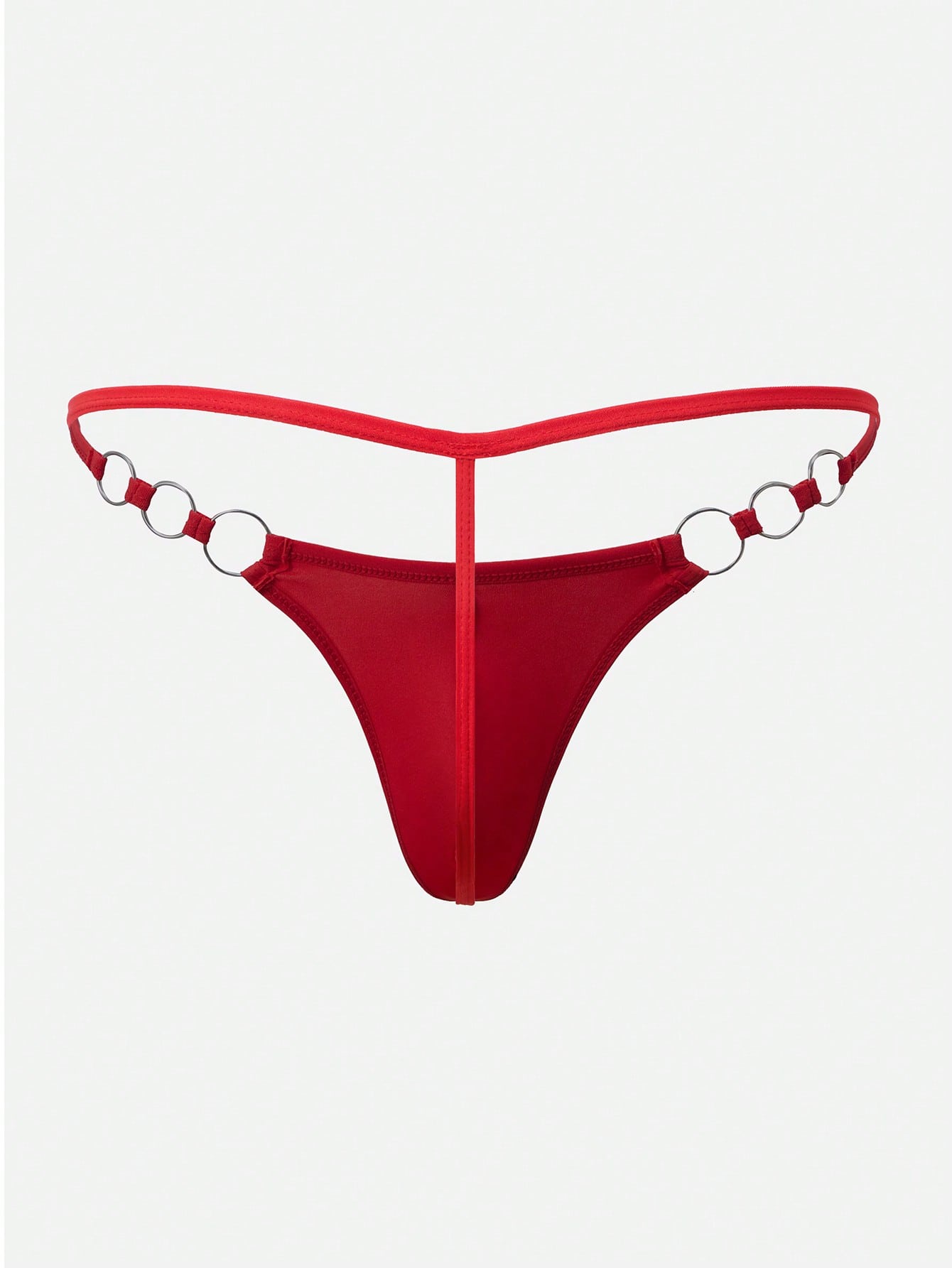 Men's red low rise thong underwear with metal decor, plain design, and high-stretch knitted fabric.