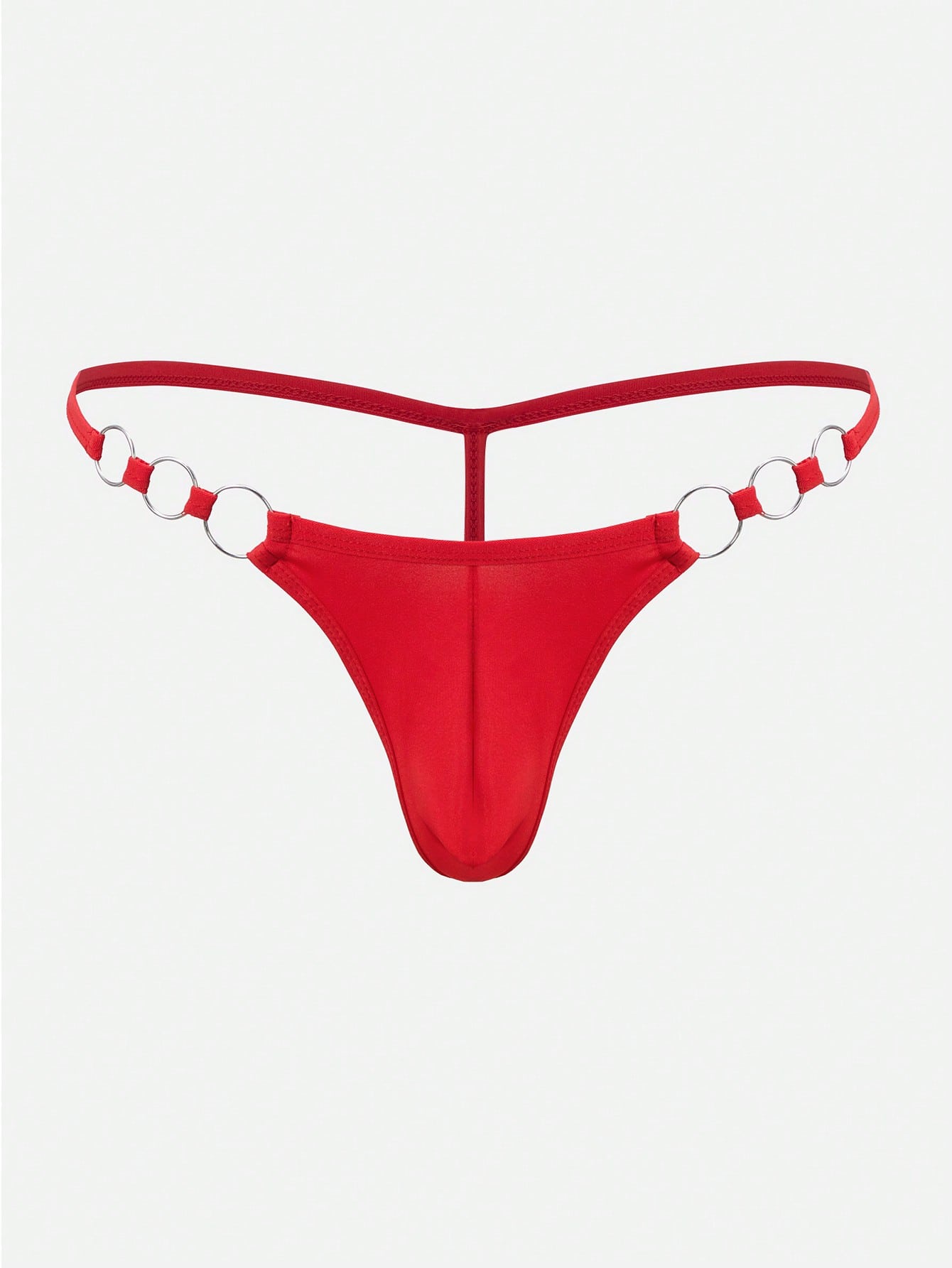 Men's red low rise thong underwear with metal decor, plain design, and high-stretch knitted fabric.